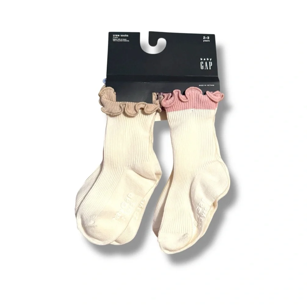 Baby GAP NWT Girls Crew Socks 4-Pack Ruffle Trim‎ Size 2-3Y Ivory Pink Beige